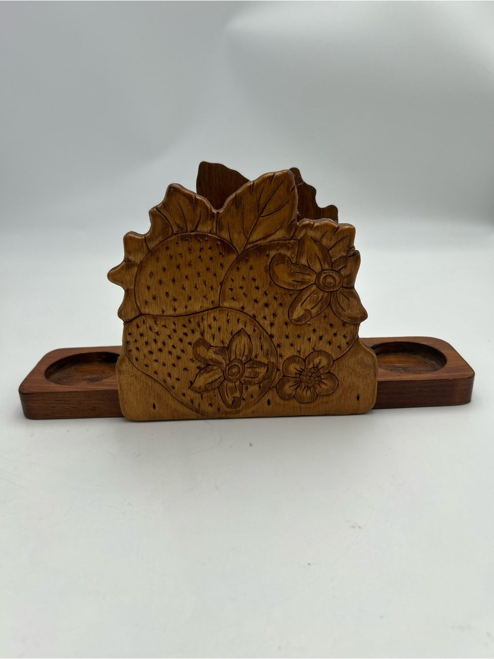 Hand-Carved Wooden Napkin & Condiment Holder - Floral Stra Design, Warm Brown